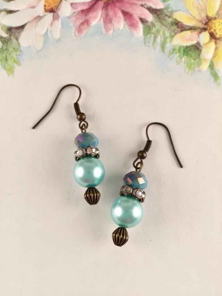 Pendientes colgantes Dr de diamantes de imitación de cristal de perlas azules para mujer hechos a mano joyería artesanal Foto 2 de 3