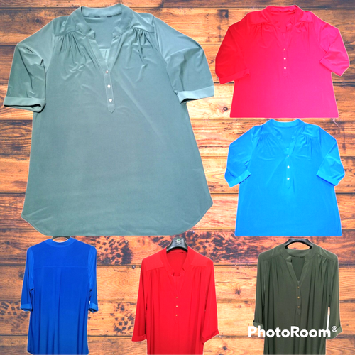 Blouse Ladies Tunic Top Dark Green 3/4 Sleeve Button Size 18 Turned Sleeve - Picture 5 of 14