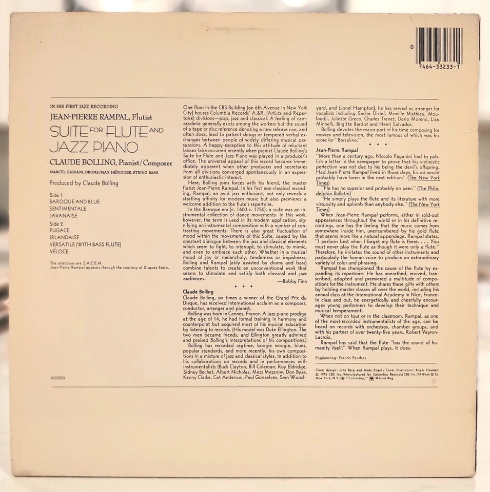 Claude Bolling Jean Pierre Rampal Suite For Flute & Jazz Piano Trio  NM Vinyl - Image 2 of 2