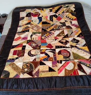 Antique Crazy Quilt Victorian Silks And wonderful Embroidery 60 X 79