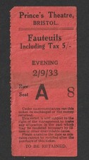 VINTAGE 1933 PRINCES THEATRE BRISTOL EVENING TICKET