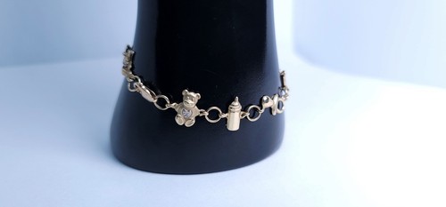 Vintage 10k Solid Yellow Gold Diamond MOM & BABY Charm Bracelet OMG 7" - 第 2/10 張圖片