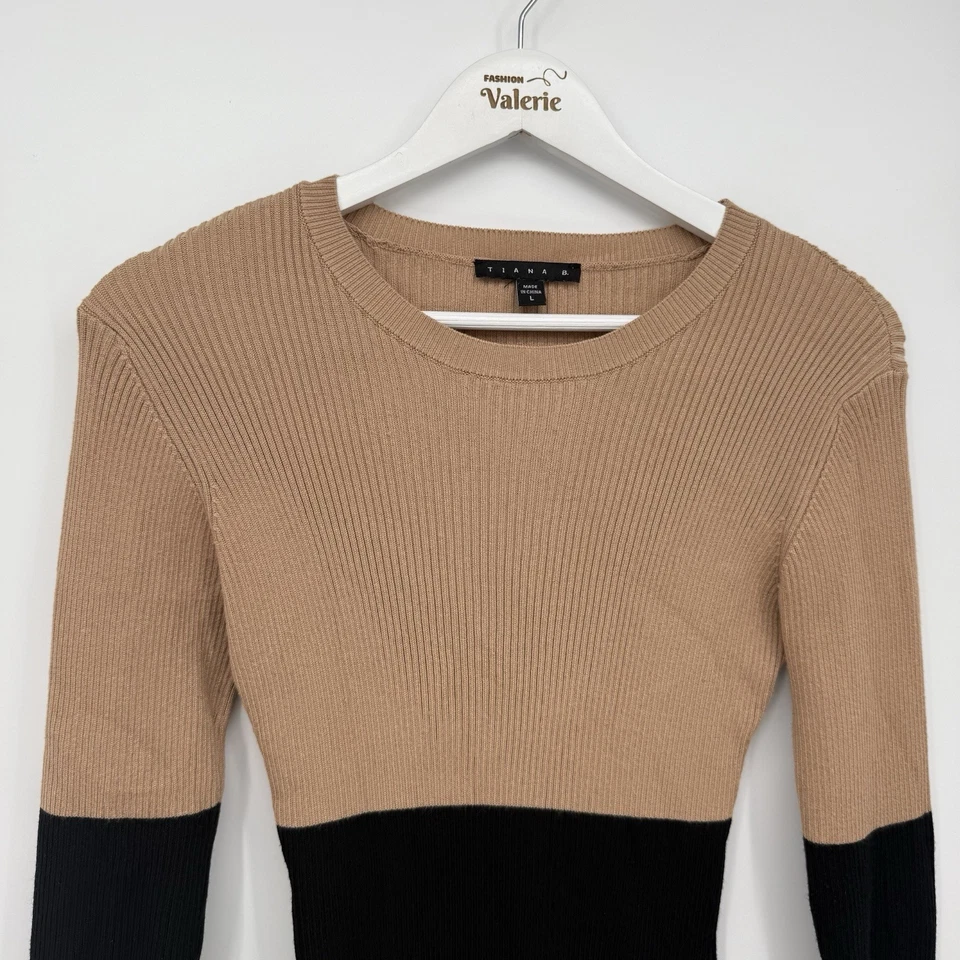 Tiana B двухцветный желтовато-коричневый и черный ребристый свитер платье резинке размер большой - Изображение 2 из 4