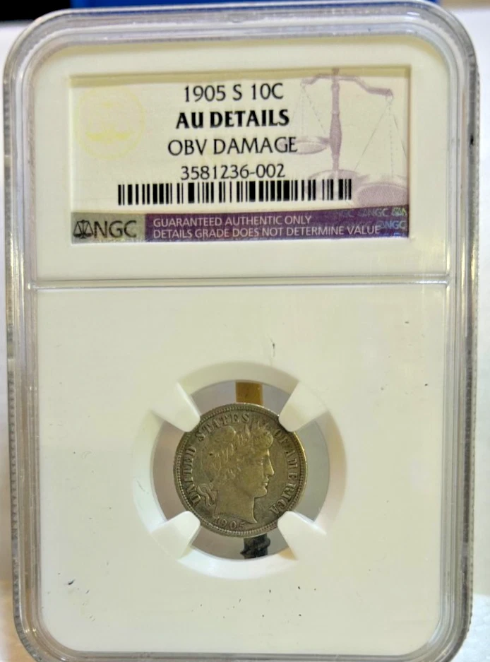 1905-S Silver Barber Dime AU Details NGC, Beautiful Coin, Great Details! - Image 2 of 4