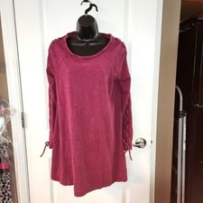 VERY J Tunic Dress Women Medium M Wine Red Long Lace Up Sleeve Mini 100% Cotton