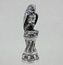 FINE ANTIQUE FIGURAL SILVER WAX SEAL OWL BIRD GEM-SET with SAPPHIRE Sterling 19c