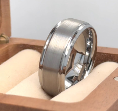 Brushed Stepped Edge Engraved Male Engagement Ring 9mm Wide Thick Tungsten Ring
