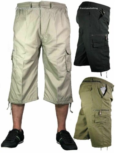 Mens 3/4 Long Length Shorts Elasticated Waist Cargo Combat Three Quarter Pants  - Picture 1 of 5