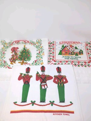 3 Vintage Kitchen Dish Hand Towel Christmas Joy Nutcracker Holiday Holly Hobbie