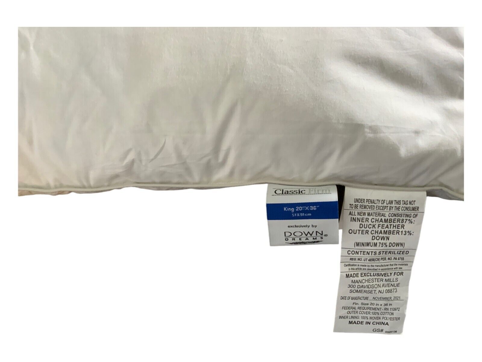 Down Dreams Classic Firm Hotel Pillow King 20"x36"  Dual Cham Manchester Mills