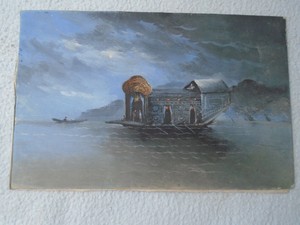 Antique Chinese Painting On Board Featuring Chinese Ship And Small Boat