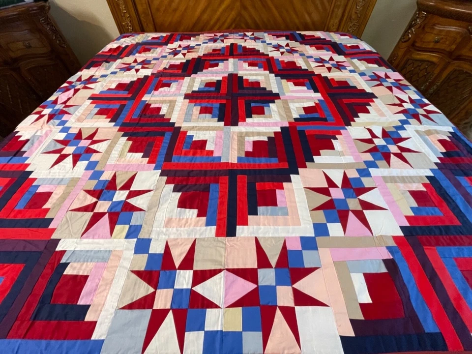 Holiday Sale Queen Size Machine Pieced Log Cabin Patchwork Quilt Top #J-97 - Image 2 of 2