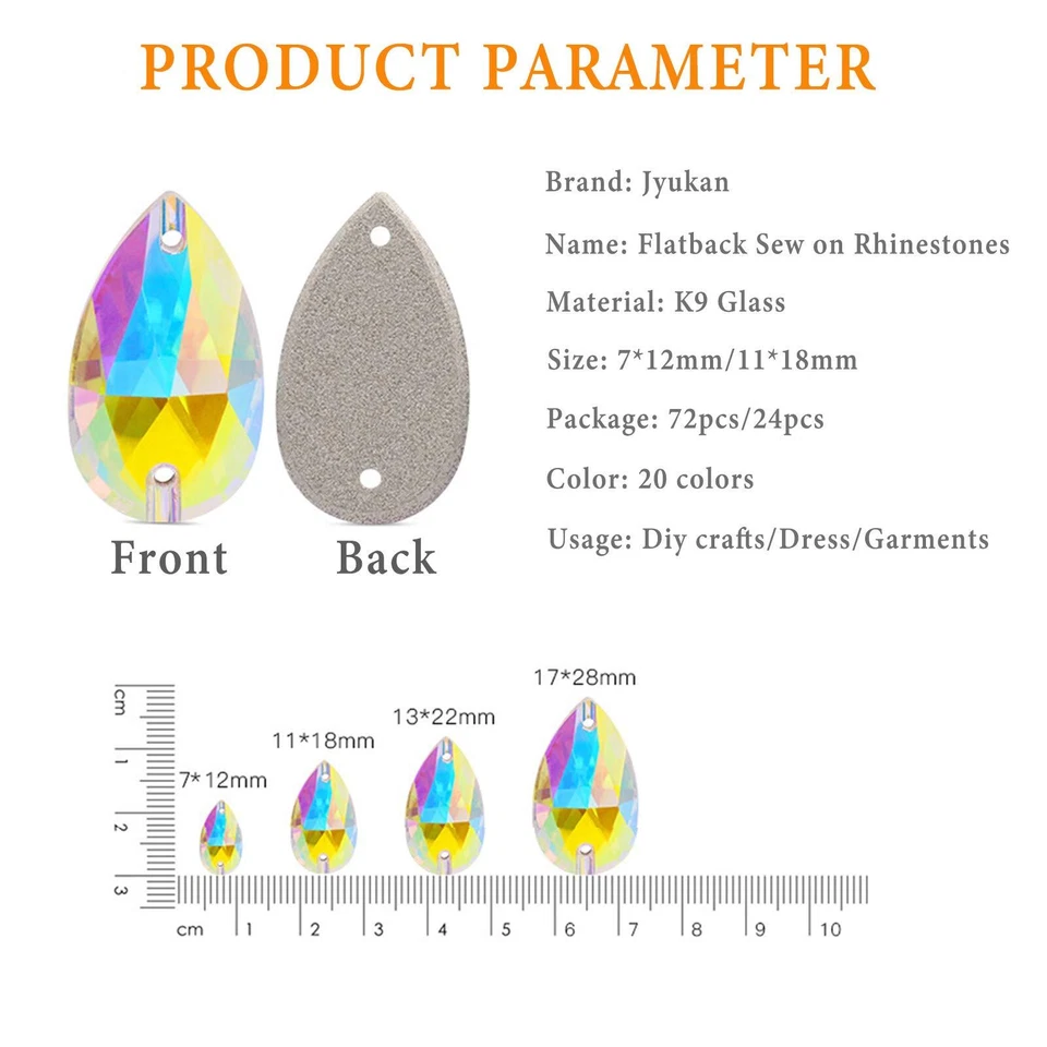 Teardrop Rhinestones Sew on Flatback Rhinestones 24pcs 11X18mm Flat Back Rhin... - Image 2 of 4