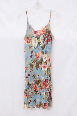 LILY blue floral print spaghetti strap dress, knee length, 100% rayon, size M