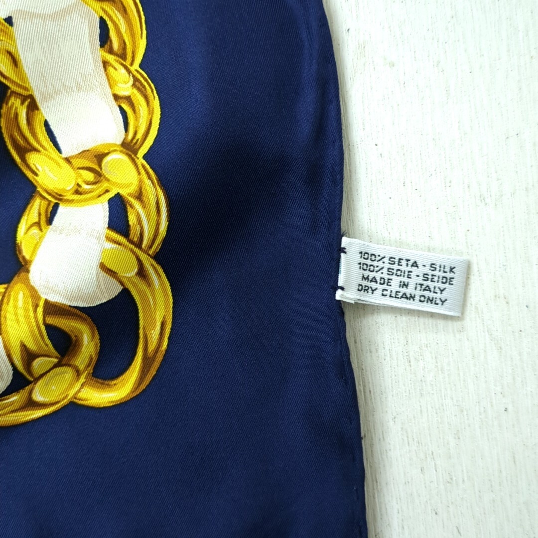 Chanel 100% Silk Scarf Chain Pattern Coco Mark Navy Made Chanel 100% Silk Scarf Chain Pattern Coco Mark Navy Made