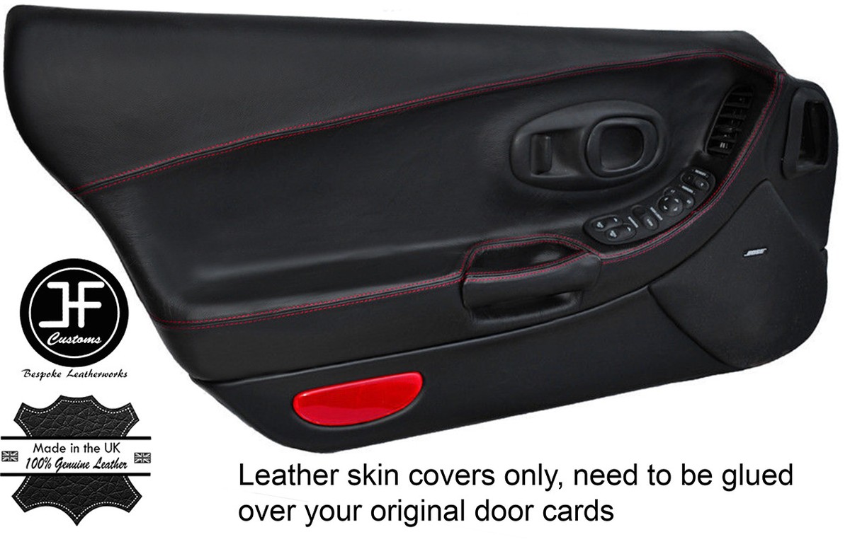 RED STITCH 2X FULL DOOR CARD TOP GRAIN LEATHER COVERS FITS