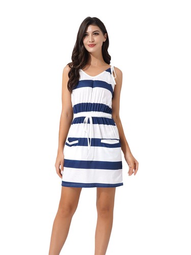 Mini vestido informal de verano a rayas sin mangas cuello en V playa informal bolsillo vestido de sol - Imagen 22 de 29