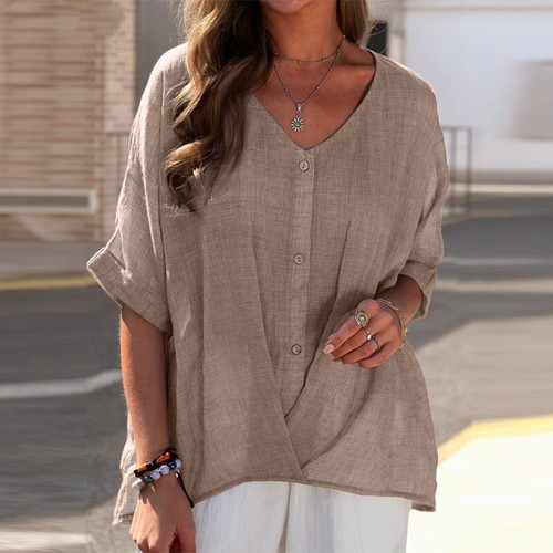 US Women's Cotton Linen Casual Blouse Baggy Ladies T-Shirt Top Summer Tunic Plus - Picture 11 of 18