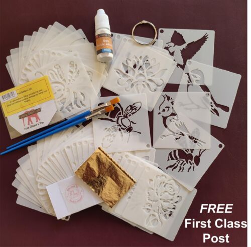 60 Gold Leaf Stencils Kit Adhesive Brushes 100 Gold Leaf Sheets Art Craft Design - Picture 1 of 6