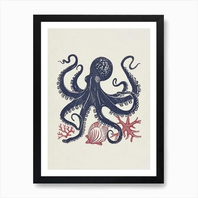 Blau roter Linolschnitt Oktopus mit Muschel gerahmt Wandbild Poster Leinwanddruck Bild