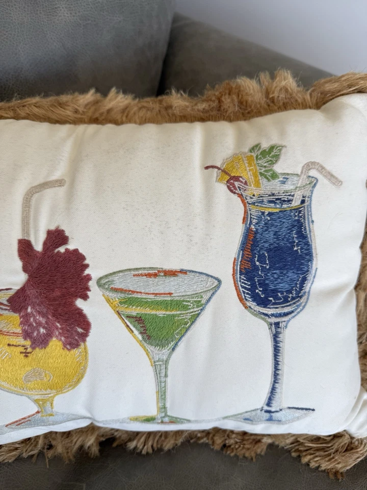 Pier 1 Throw Pillow 24”x12.5” Cocktail Glasses Beach Fringe - Image 2 of 4