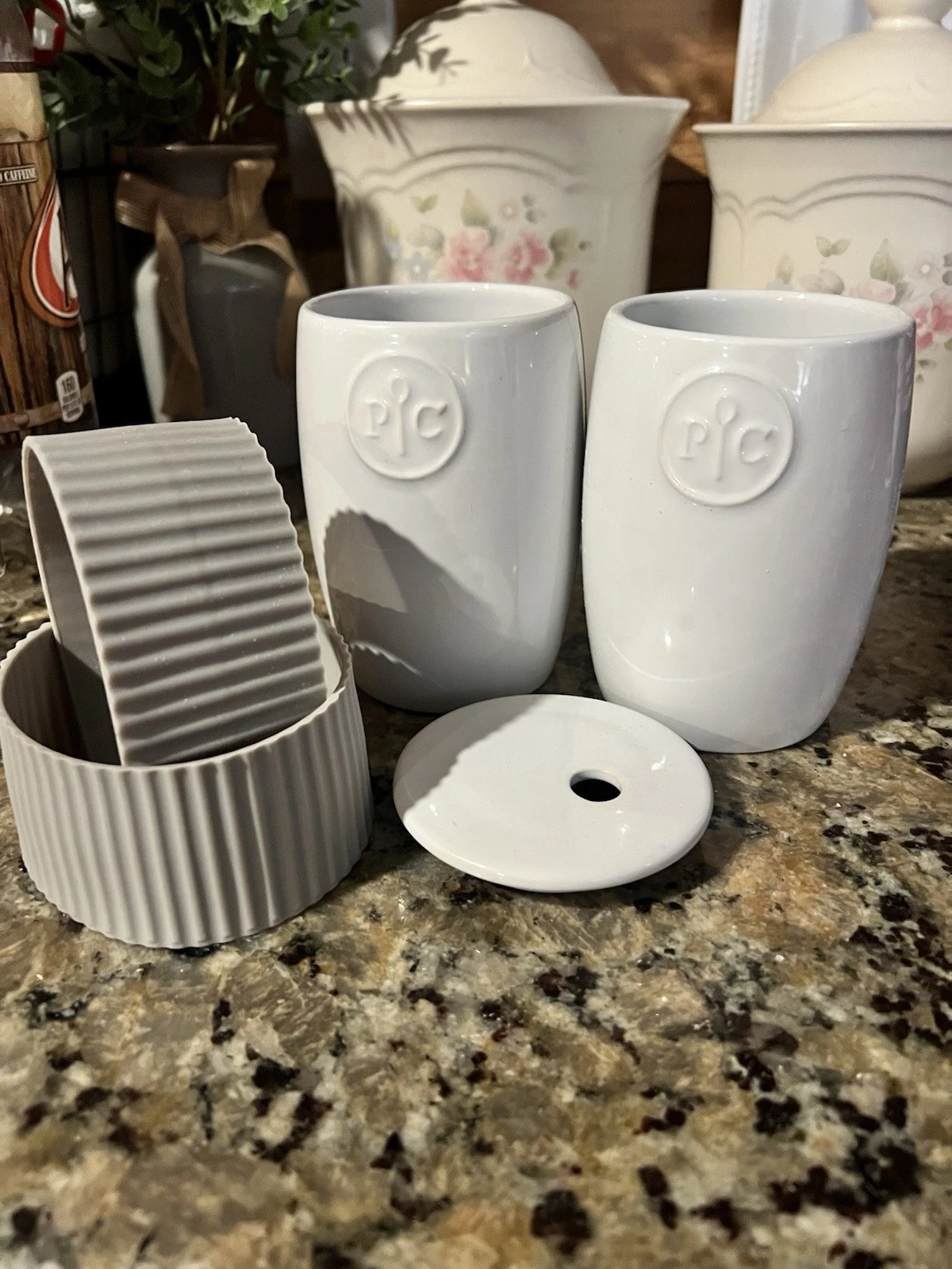 Pampered Chef Ceramic Egg Cooker Set of 2 with Vent Lid & Silicone Sleeves