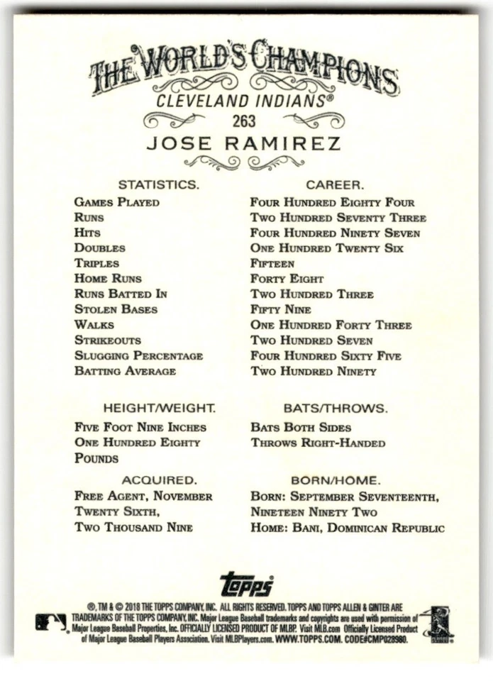 2018 Topps Allen & Ginter Jose Ramirez #263 Cleveland Indians - Image 2 of 2