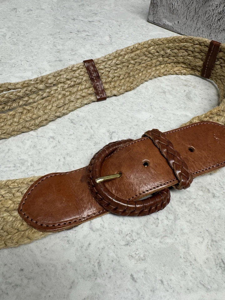 Women  RALPH LAUREN BRAIDED light brown ROPE LEATHER TRIM DECO BELT  30-32” - Image 4 of 4