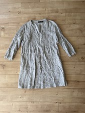 Tahari 100% Linen Gray Midi Dress Pleated V-Neck Long Sleeve Relaxed Fit