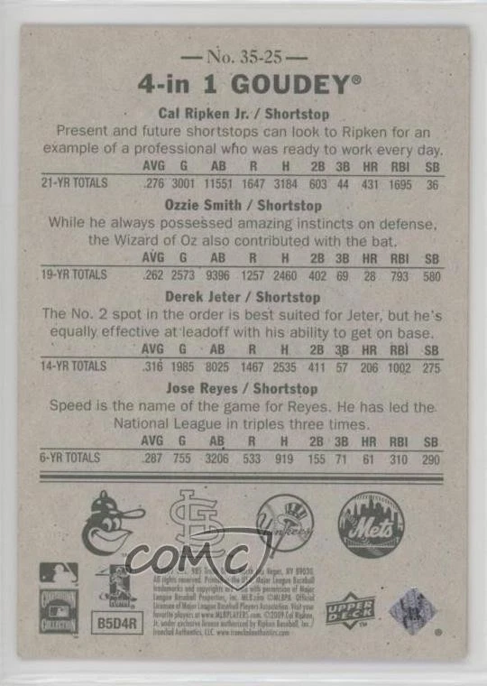 2009 Goudey 4-in-1 Red Cal Ripken Jr Ozzie Smith Jose Reyes Derek Jeter HOF - Image 2 of 2