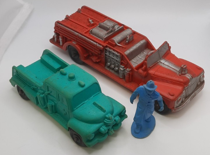 Auburn Rubber Fire Truck , Fireman Figure & Green Rescue Truck Vintage 1950's