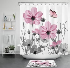 Spring Butterfly Grey Leaf Pink Floral Shower Curtain Set for Bathroom Decor