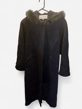 Andrea Collection Vintage Wool Coat Fox Fur Hooded Black Long Union Made Size 6