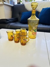 BRF Amber Port Decanter With Painted Flowers & 3 Small 2 oz Glasses With Handles