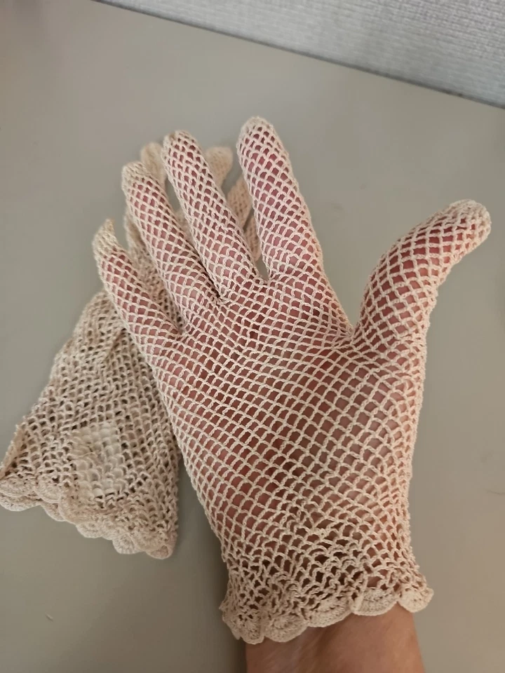 Guantes de malla de encaje de algodón a ganchillo beige crema de colección OS Foto 2 de 3