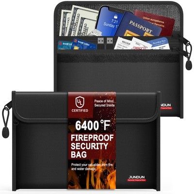 JUNDUN 6400  Fireproof Money Bag,8.6 x 5.9  Dual Zippers Small, Black 