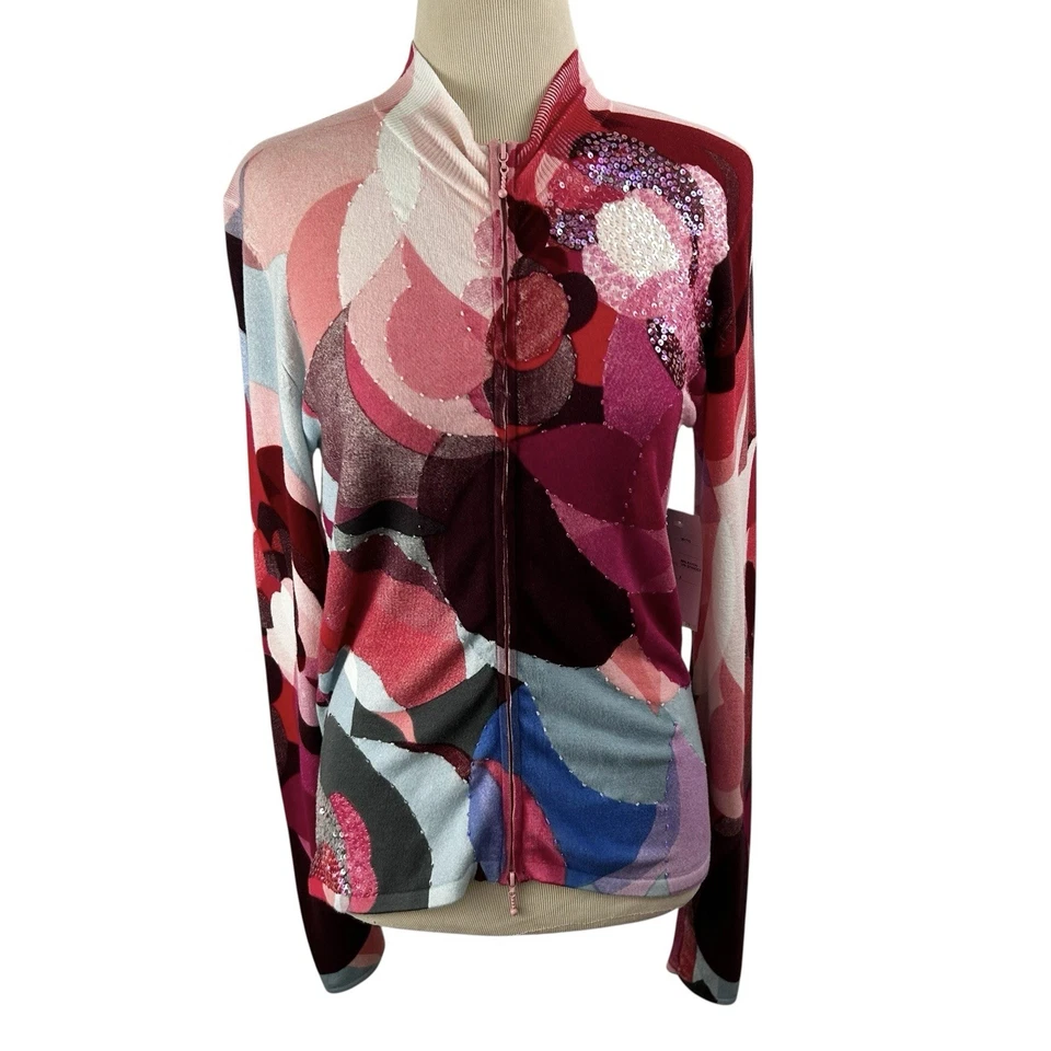 ALBERTO MAKALI Nuevo SUÉTER CÁRDIGAN FLORAL LENTEJUELAS ROSA S Caprichoso Arte para usar Foto 4 de 4