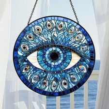 Evil Eye Stained Glass Suncatcher   Blue Round Hanging Window Panel Decor