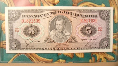 Most Treasured Banknotes Ecuador 1982 5 Sucres UNC P-108b serie HW - Picture 2 of 4