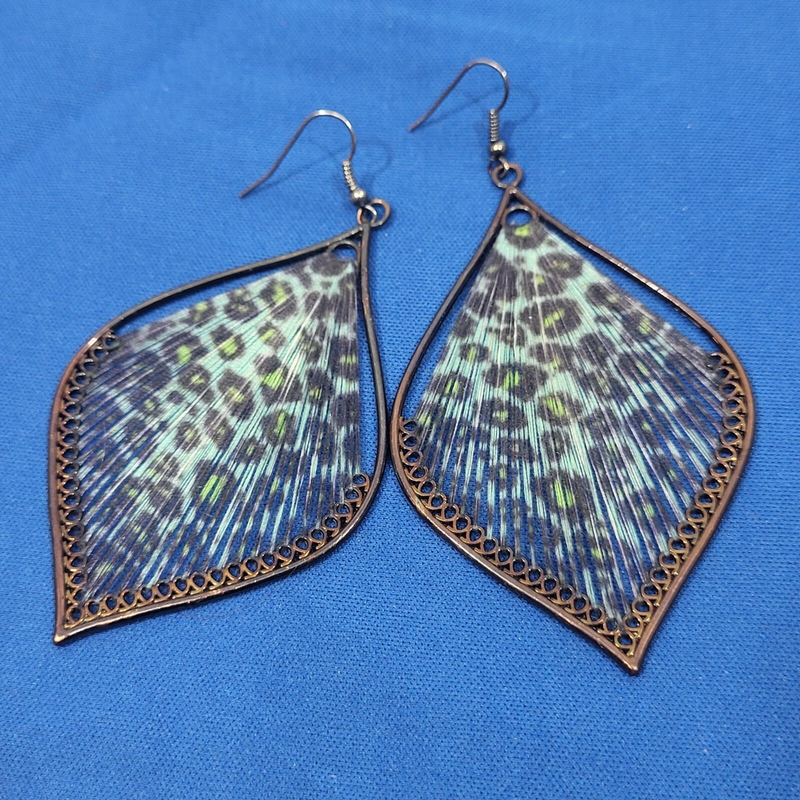 Leopard Pattern Bronze Wire Leaf Shape Dangle Ear… - image 1