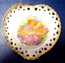 Vintage 5" Napco Hand Painted Heart Shaped Reticulated Trinket Dish 1M3181 Japan