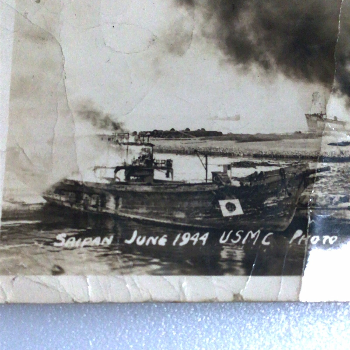 Original WWII USMC June 1944 Saipan Japanese Boats Burning Photo