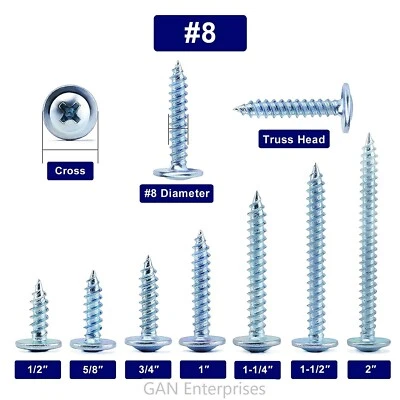 CYW & OTHERS Modified Truss Head Phillips Self piercing sharp point screws #8 x 1/2"- 3" Zinc