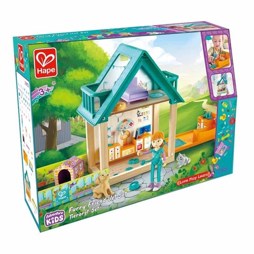 Hape Vet Set Furry Friend Fully Furnished Wooden Dolls Set Toddler New In Box