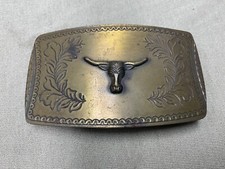 BELT BUCKLE, MENS LONGHORN RECTANGLE BRASS LOOK 