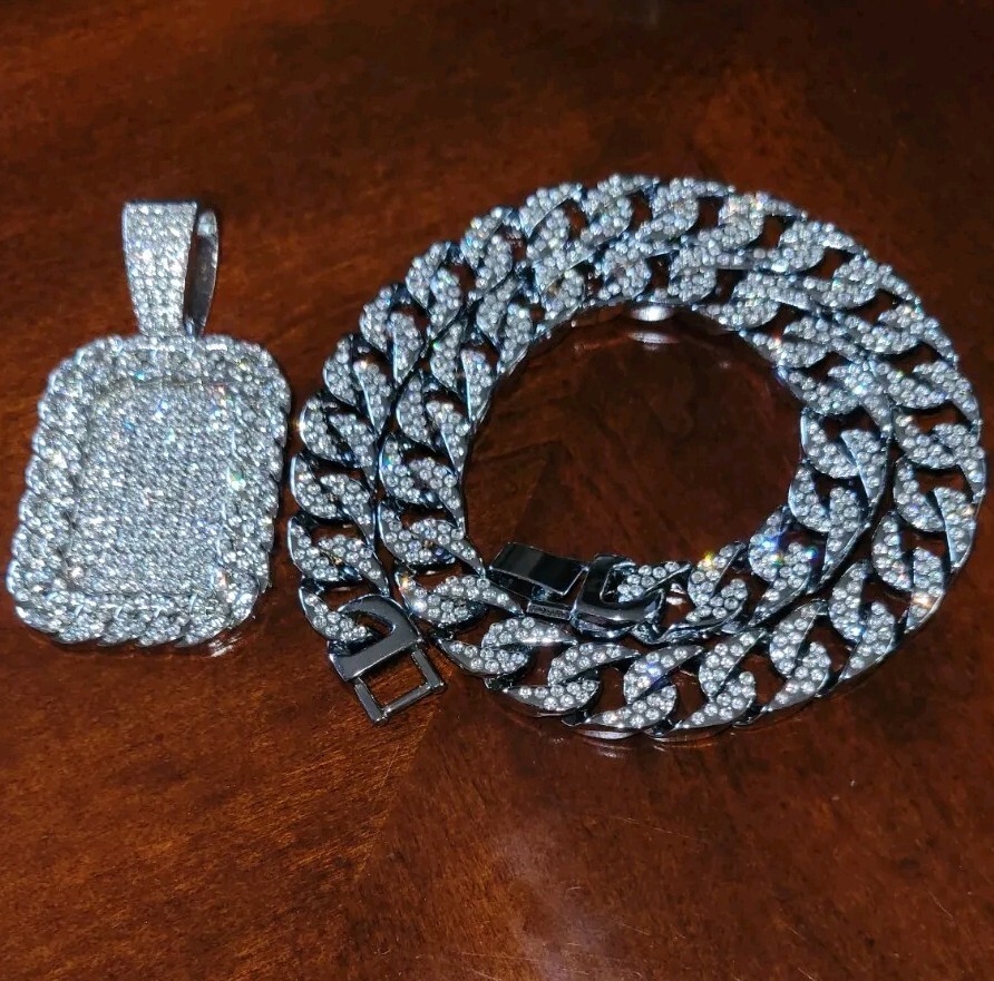 Simulated Diamond Silverplated Cuban Link (CZ) Dog Tag Pendant Chain