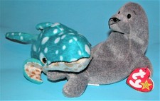 TY, Ocean Beanie Babies, 2 pc. set w seal & whale, "Poseidon & Slippery" NEW