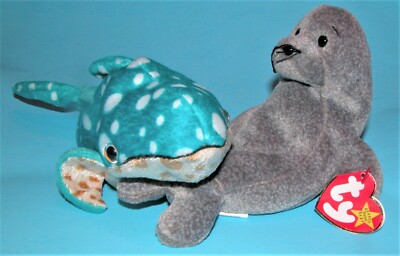 TY, Ocean Beanie Babies, 2 pc. set w seal & whale, ''Poseidon & Slippery'' NEW