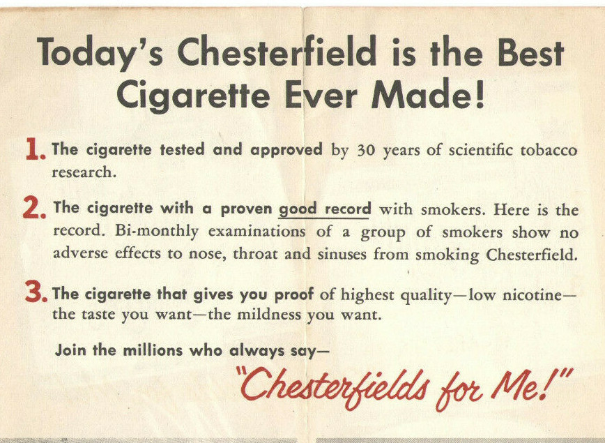 VINTAGE 1950s CHESTERFIELD CIGARETTES BROCHURE! WHY CHESTERFIELD IS BEST  FOR YOU
