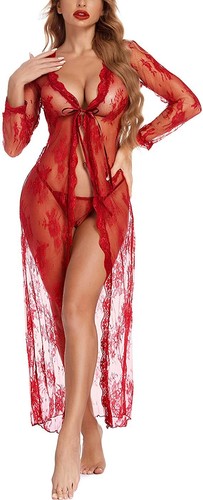 Sexy Lingerie per Donna Sexy Abito Lungo Pizzo Abito Trasparente Vedi Attraverso Accappatoio Kimono - Foto 33 di 47